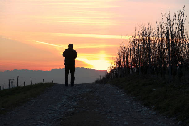 Selective focus of silhouette of a man standing on path at sunset with mountain in background surrounding with outdoor nature in the evening