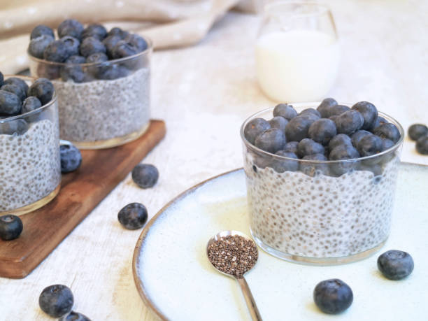 istock Cups of chia seeds pudding topped with bilberries 1385710011