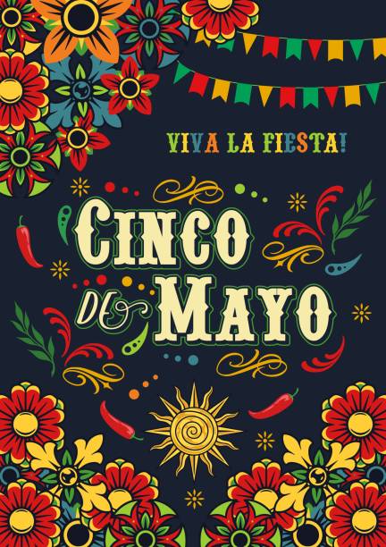 Cinco de Mayo poster with flowers Cinco de Mayo colorful vintage vertical poster with flowers, swirl elements around inscription and flag garlands on dark background, vector illustration mexico stock illustrations