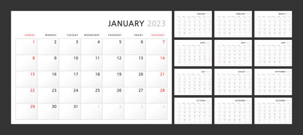 ilustraciones, imágenes clip art, dibujos animados e iconos de stock de plantilla de calendario trimestral de pared para 2023 en un estilo minimalista clásico. la semana comienza el domingo. conjunto de 12 meses. plantilla de planificador corporativo. formato a4 horizontal - enero