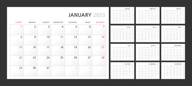 Wall quarterly calendar template for 2023 in a classic minimalist style. Week starts on Sunday. Set of 12 months. Corporate Planner Template. A4 format horizontal Wall quarterly calendar template for 2023 in a classic minimalist style. Week starts on Sunday. Set of 12 months. Corporate Planner Template. A4 format horizontal. Vector illustration 2023 stock illustrations