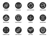 Material properties icons set. Fabric feature symbols. Vector illustration.