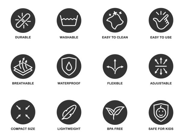 Material properties icons set. Fabric feature symbols. Vector illustration. Material properties icons set. Fabric feature symbols. Flat vector illustration. smooth stock illustrations