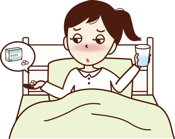 illustrazioni stock, clip art, cartoni animati e icone di tendenza di una giovane donna che va a letto e prende medicine. - cold remedy