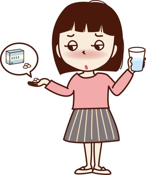 ilustrações de stock, clip art, desenhos animados e ícones de a young woman taking medicine. - taking pills glass pill white background