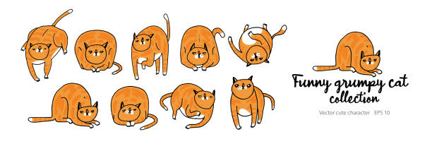 Red Cat cute funny character in doodle cartoon style. Ginger