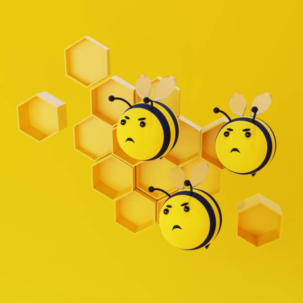 Cute bees in attack on yellow background. 3D render