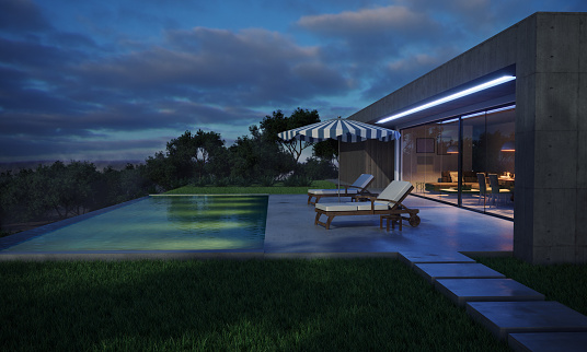 Modern designed exterior with infinity pool evening scene at summer. (3d render)