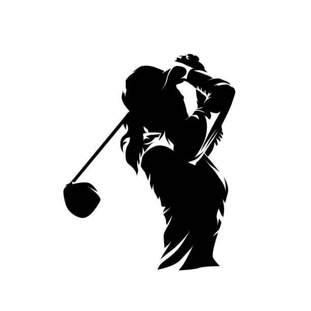 гольф, логотип гольфистки, изолированный векторный силуэт, рисунок тушью. гольф качели. молодая активная женщина - golf swing golf golf club golf ball stock illustrations