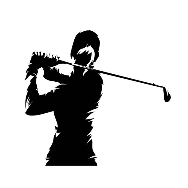 golf, logo golfistki, izolowana sylwetka wektorowa, rysunek tuszem. huśtawka golfowa. młoda aktywna kobieta - female silhouette beautiful professional sport stock illustrations