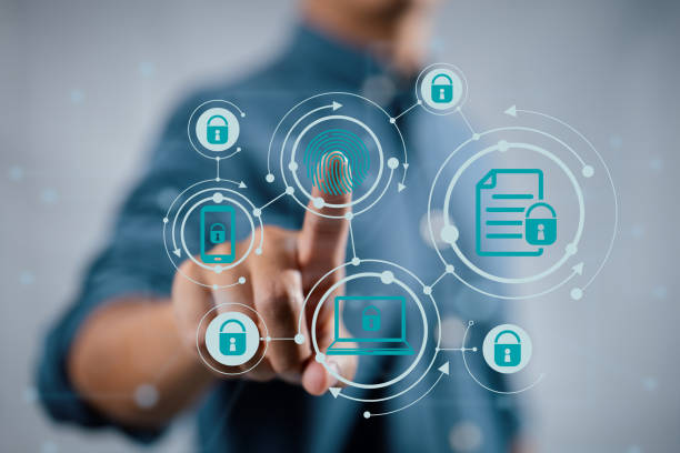 istock Data privacy concept with a businessman scan fingerprint biometric identity 1385719764