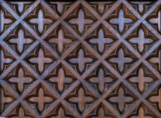 istock Vintage carved brown wood background 1385719772