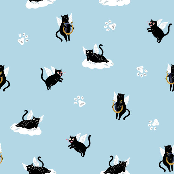 Seamless pattern with angel cupid cats Seamless pattern with angel cupid cats spread wings stock illustrations