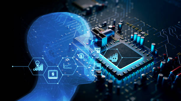 3d rendering  of futuristic blue circuit board and cpu stock photo