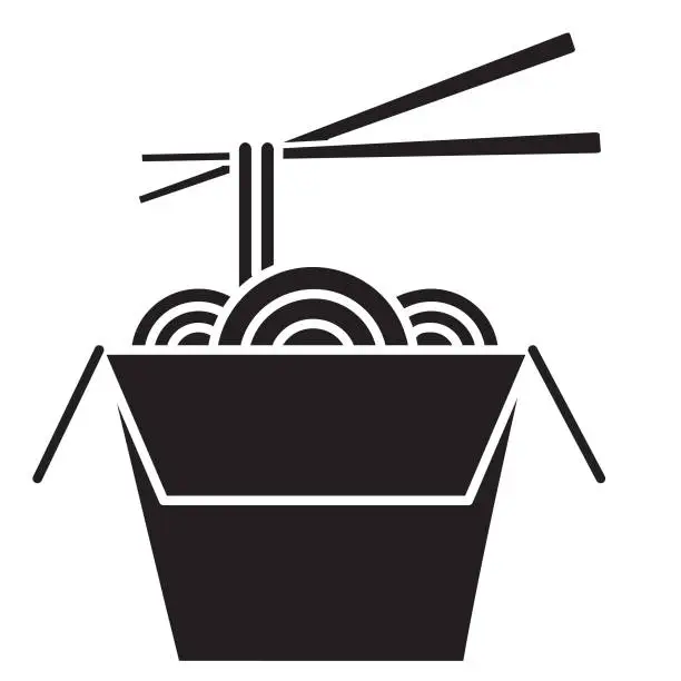 Vector illustration of Chinese food take out box with noodles and chopsticks black and white icon