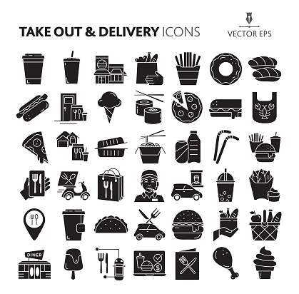 Vector illustration of a big set of take out and delivery restaurant icons. Includes take out containers, fast foods, hamburger, hotdog, French fries, chicken strips, sub sandwich, Chinese take out food, seafood, pizza, drinks, grocery, sushi, donuts, tacos, ice sweets, fried chicken, ice cream, bubble tea and coffee and tea. Also includes take out containers, straws, drive through window, delivery, online food ordering, diner and fast food restaurant building exterior. White background. Simple set that includes vector eps and high resolution jpg in download.