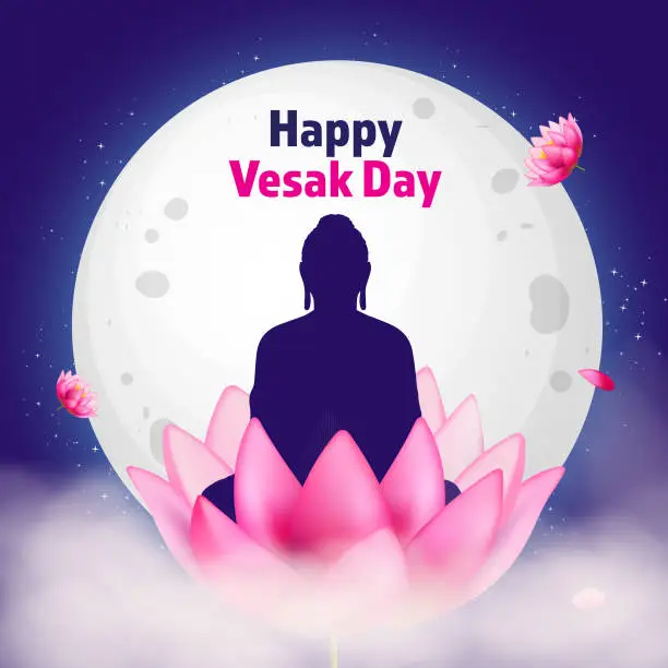 Vector illustration of Happy Vesak Day Budha Purnima Background With Budha Statue Silhouet Realistic Pink Lotus