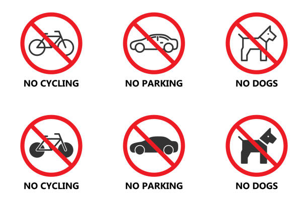 Forbidden signs icon set. No cycling, parking, dogs. Vector illustration. Forbidden signs icon set. No cycling, parking, dogs. Flat vector illustration. cross off stock illustrations