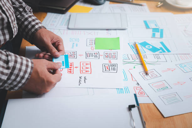 istock UX or UI designers designing on their smartphone application layout prototype project. 1385725315