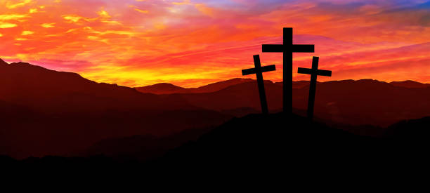 istock Easter background banner panorama religious greeting card Crucifixion and Resurrection. Three crosses of Golgotha by sunset.