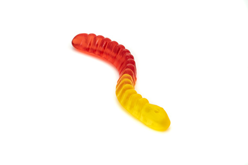 Colorful Fruity Gummy Worm Candies isolated on white background.