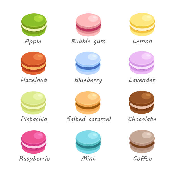 illustrations, cliparts, dessins animés et icônes de différentes saveurs et couleurs macarons. - macaroon
