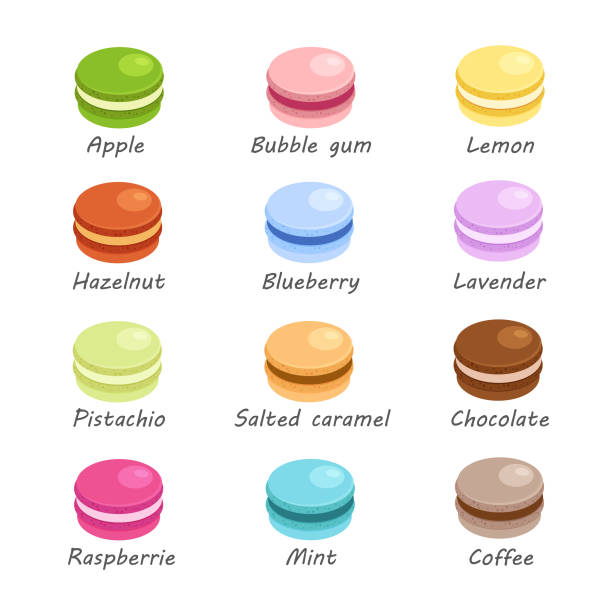 Different flavors and colors macarons. Different flavors and colors macarons. Traditional french almond cookies in trendy flat style. Vector illustration isolated on white background. macaroon stock illustrations