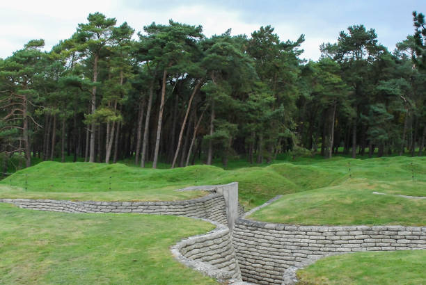 Bomb craters At Vimy Ridge National Canadian WW1 War memorial. Bomb craters At Vimy Ridge National Canadian WW1 War memorial no mans land and trench system. vimy memorial stock pictures, royalty-free photos & images