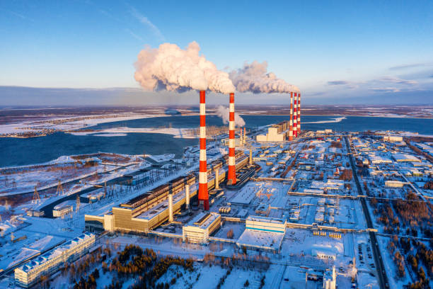 Surgut. Hydro-circulation power plant (GRES-2). The largest thermal power plant in Russia. Aerial view. stock photo