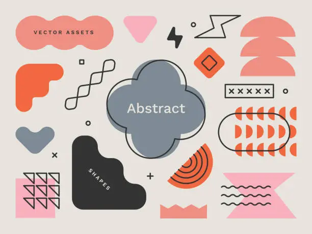 Vector illustration of Set of abstract geometric shapes and textures for design layouts—editable stroke