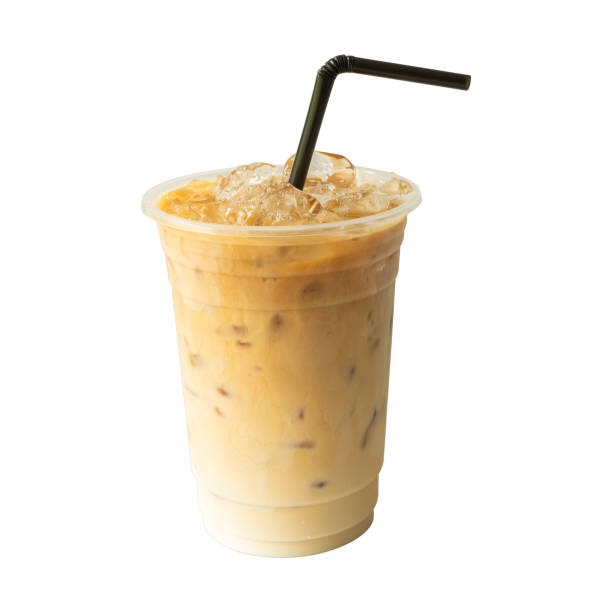 istock Asian Iced latte coffee on cup isolated  white background 1385731578