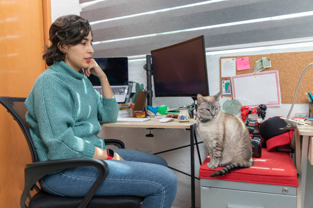 istock Young Latina woman watching her cat while she takes a break from work at home 1385731743