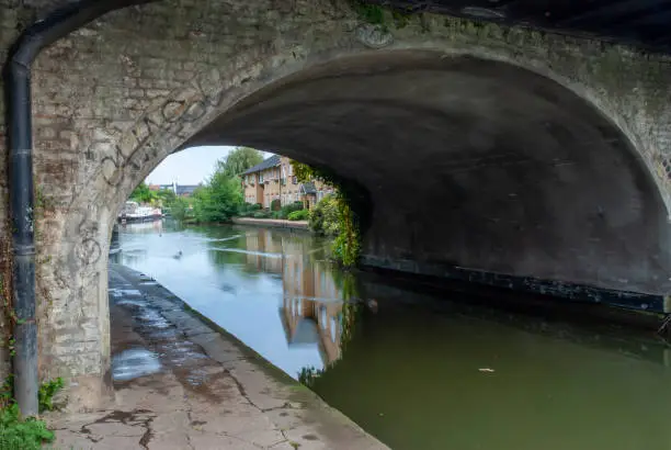 Photo of Reflection under a bridge in the Grand Union Canal, England.