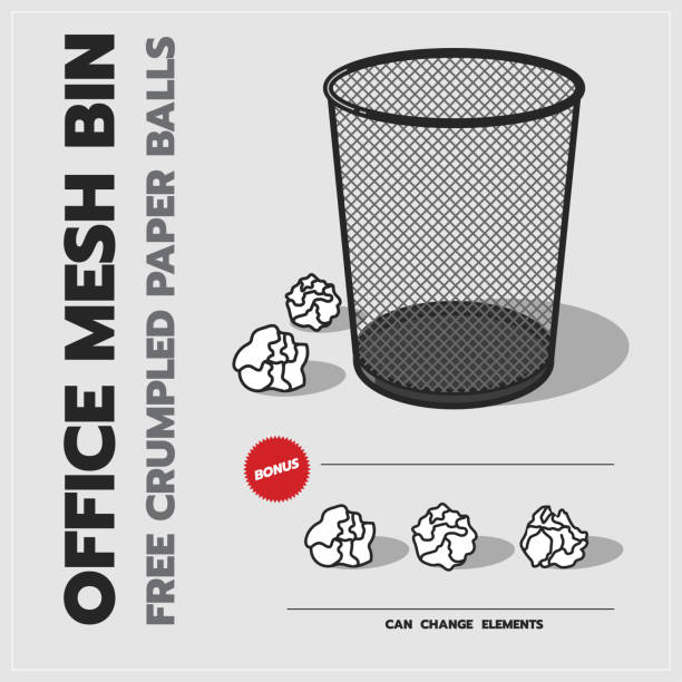 Office mesh rubbish bin,  icon, vector design, isolated background. Office mesh rubbish bin,  icon, vector design, isolated background. crumpled paper ball stock illustrations