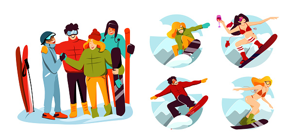 A company of cheerful skiers and snowboarders, laughter is a joyful active rest. Red-haired women in bikini on snowboard. Vector illustration in flat cartoon style.