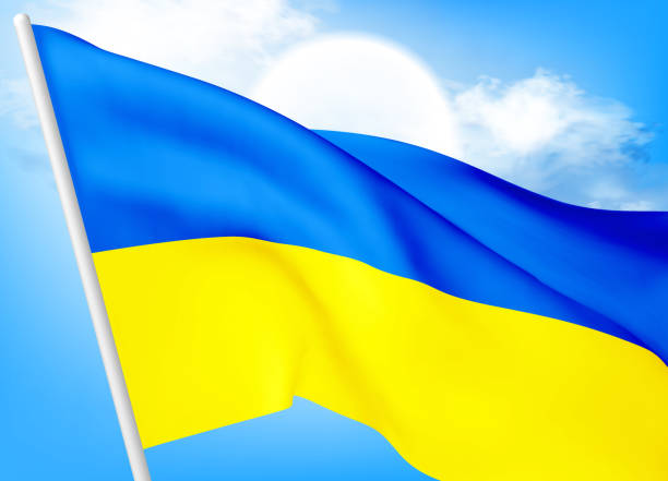 ilustraciones, imágenes clip art, dibujos animados e iconos de stock de bandera de ucrania contra un cielo azul claro. el símbolo del patriotismo de la nación ucraniana, una bandera de seda azul-amarilla, revolotea en los rayos de luz. ilustración realista vectorial 3d. vector eps10 - ukraine war