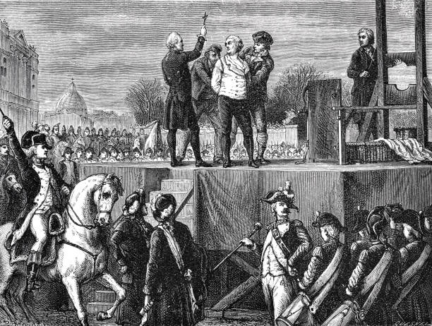French revolution: Execution of Louis XVI Illustration from 19th century. executioner stock illustrations