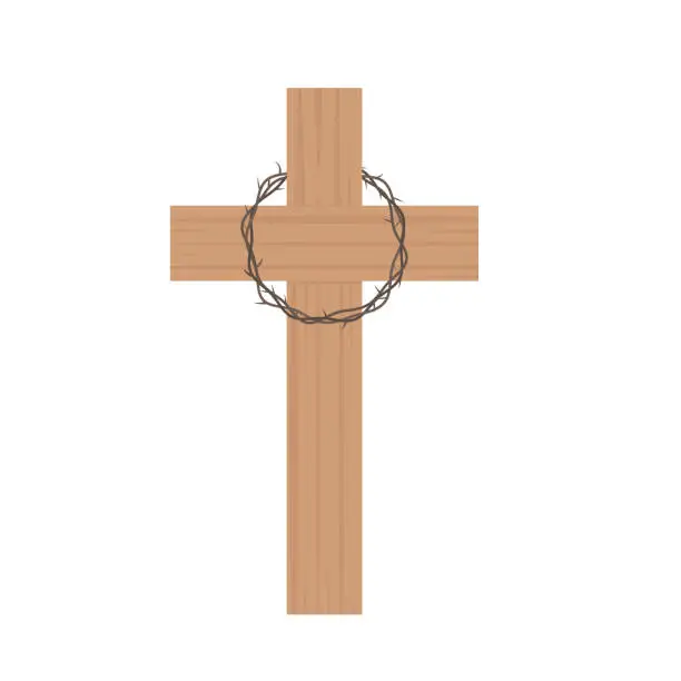 Vector illustration of wooden cross and crown of thorns, Crucifixion of Jesus Christ, Good Friday concept