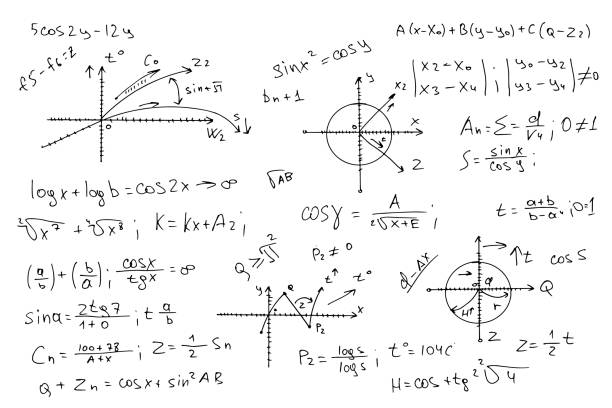 mathematical formulas, scientific schemes. vector mathematical formulas, scientific schemes. vector image on a white background drawing of a advanced math formulas stock illustrations
