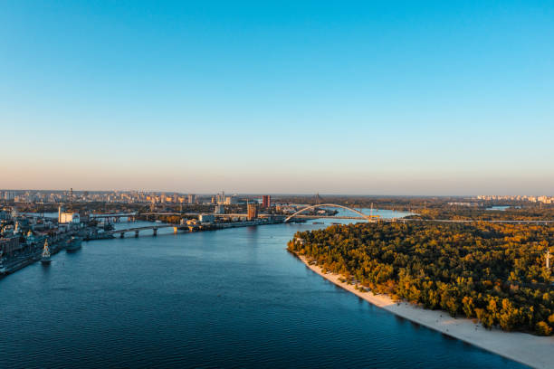 Aerial view of Kiev and Dnieper River stock photo