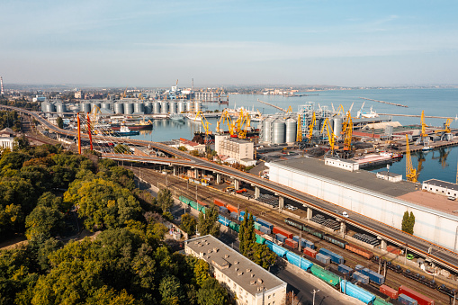 A large container ship being loaded by cranes in Shanghai Port