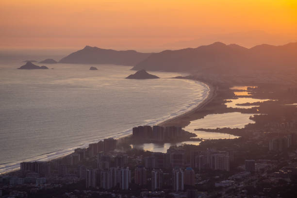 Beautiful sunset view to city, mountains and ocean in Rio de Janeiro, State of Rio de Janeiro, Brazil
