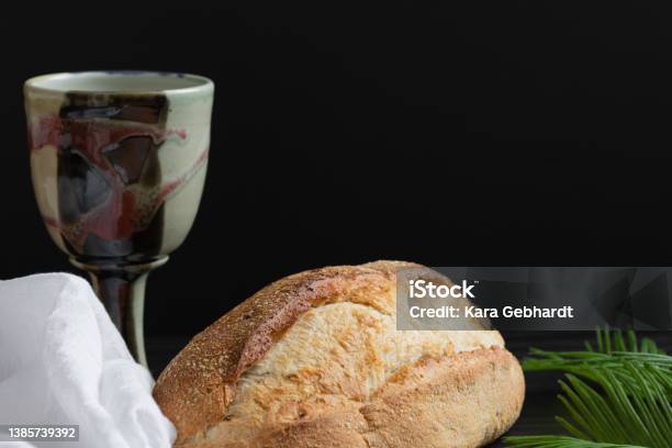 Chalice Bread Palm Leaves And White Linen Stock Photo - Download Image Now - Communion, Maundy Thursday, Palm Sunday