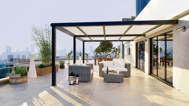 3d illustration of luxury top floor apartment terrace with pergola. - 露台 人造空間 個照片及圖片檔
