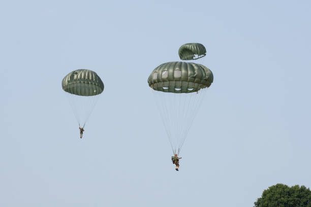 WW2 Parachute Jump Re-enactment RAF Fairford, Gloucestershire, England: July 15th 2018World War II paratrooper drop re-enactment at the 2018 Kent Battle of Britain WW2 World war re-enactment and display