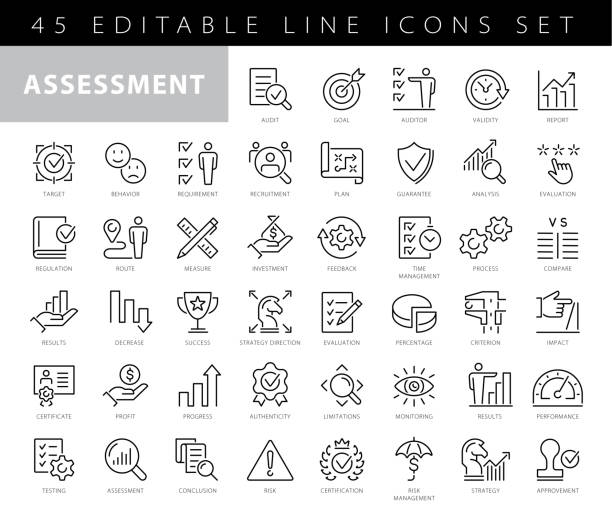 assessment line icons. editable stroke. pixel perfect - data stock illustrations