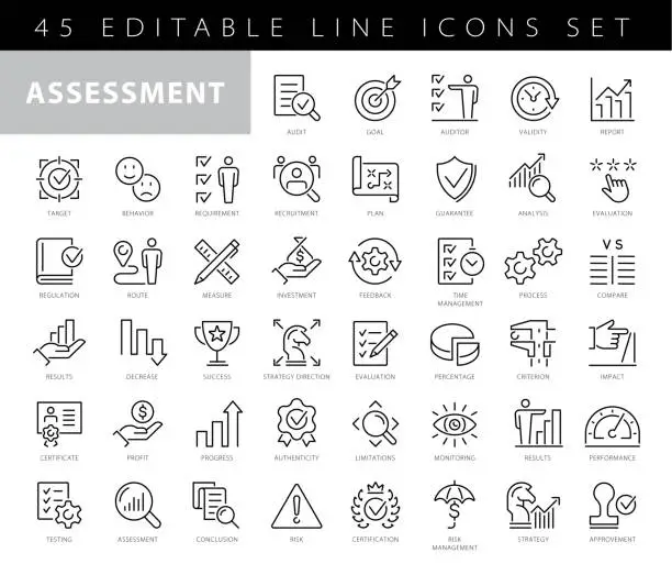 Vector illustration of Assessment line icons. Editable stroke. Pixel perfect