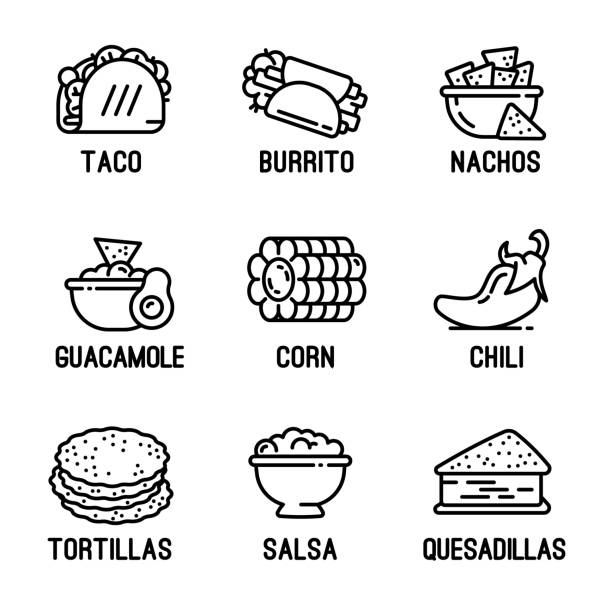 illustrazioni stock, clip art, cartoni animati e icone di tendenza di set di icone del cibo messicano, stile contorno - cucina messicana
