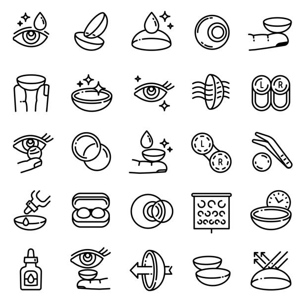 ilustraciones, imágenes clip art, dibujos animados e iconos de stock de conjunto de iconos de lentes de contacto, estilo de contorno - lens box