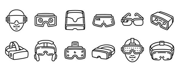Game goggles icons set, outline style Game goggles icons set. Outline set of game goggles vector icons for web design isolated on white background protective eyewear stock illustrations